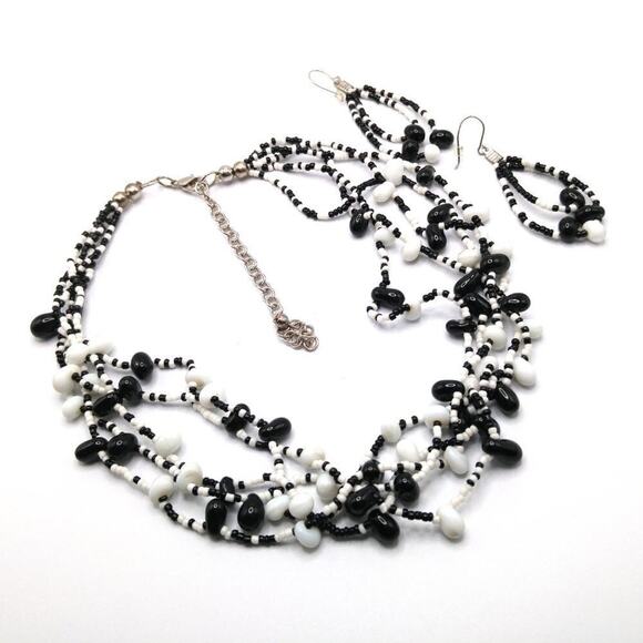 Handmade Black White Glass Beaded Necklace Drop Earrings, 22" & 2 3/4" - Picture 6 of 6